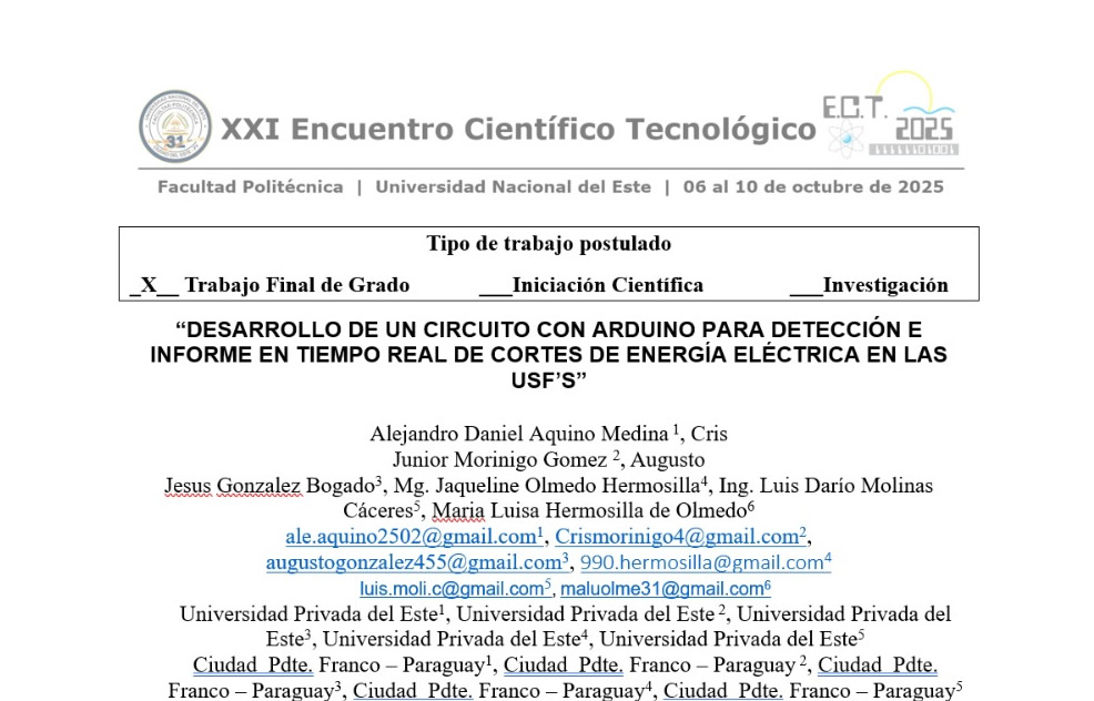 Desarrollo de un circuito con arduino para detección e informe en tiempo real de cortes de energía eléctrica en las USF