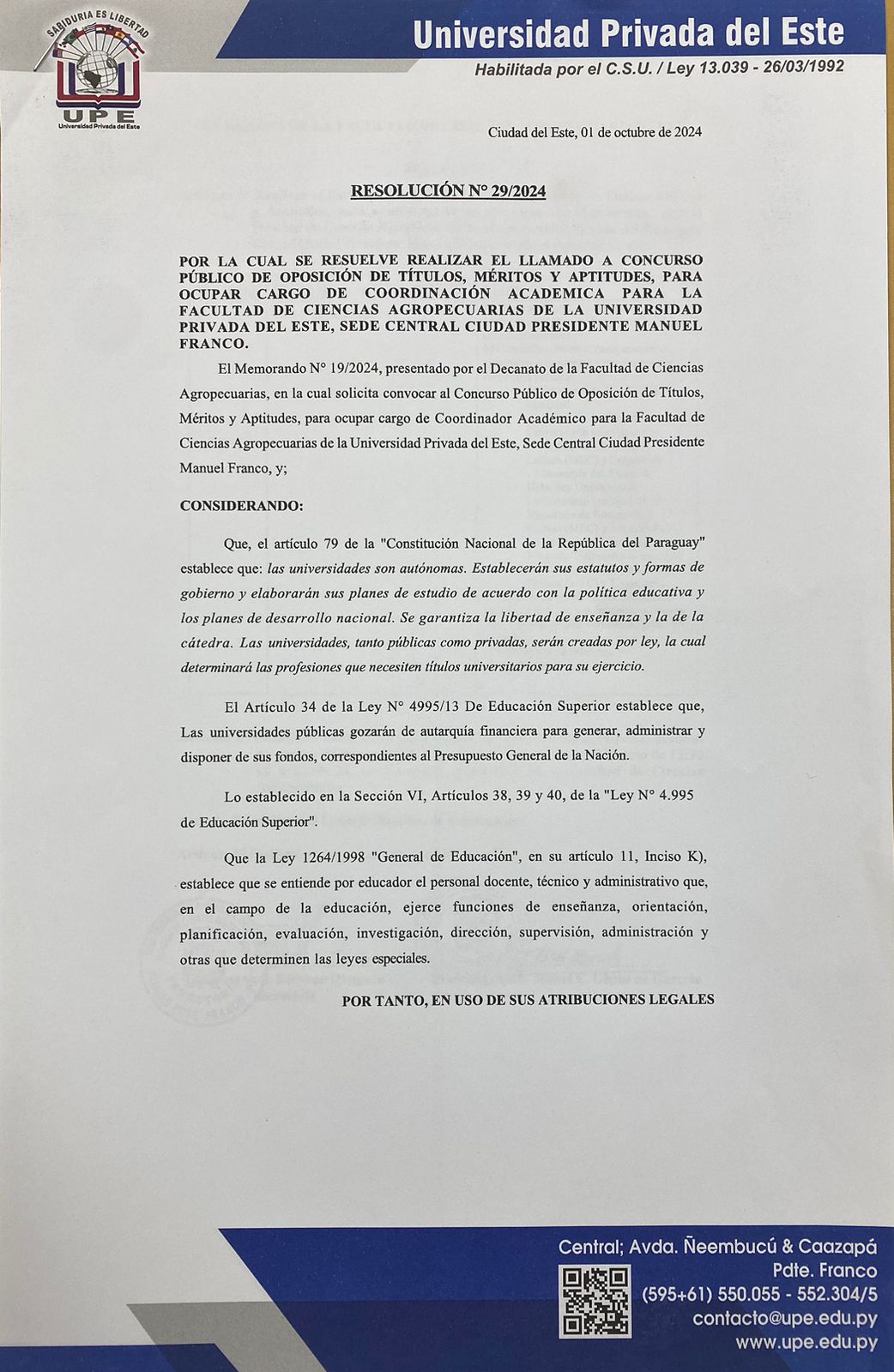 Convocatoria Abierta: Cargo de Coordinador Académico en la Facultad de Ciencias Agropecuarias 