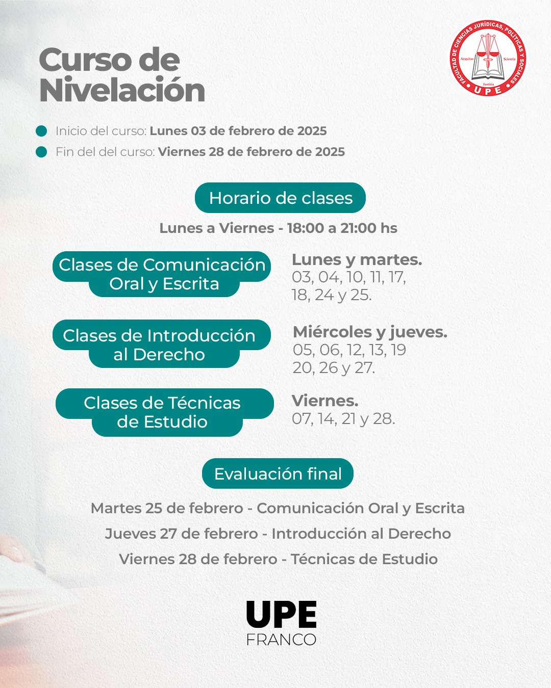 Curso de Nivelación UPE Franco 2025: Facultad de Ciencias Jurídicas, Políticas y Sociales