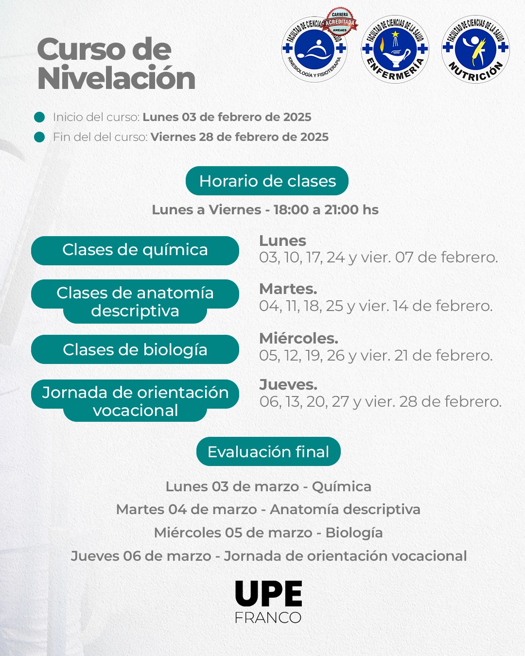  Curso de Nivelación UPE Franco 2025: Facultad de Ciencias de la Salud