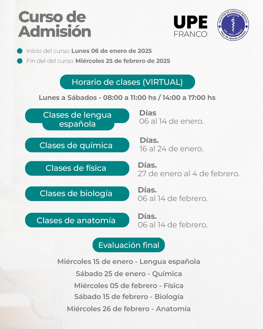 Curso de Admisión UPE Franco 2025: Facultad de Ciencias Médicas 