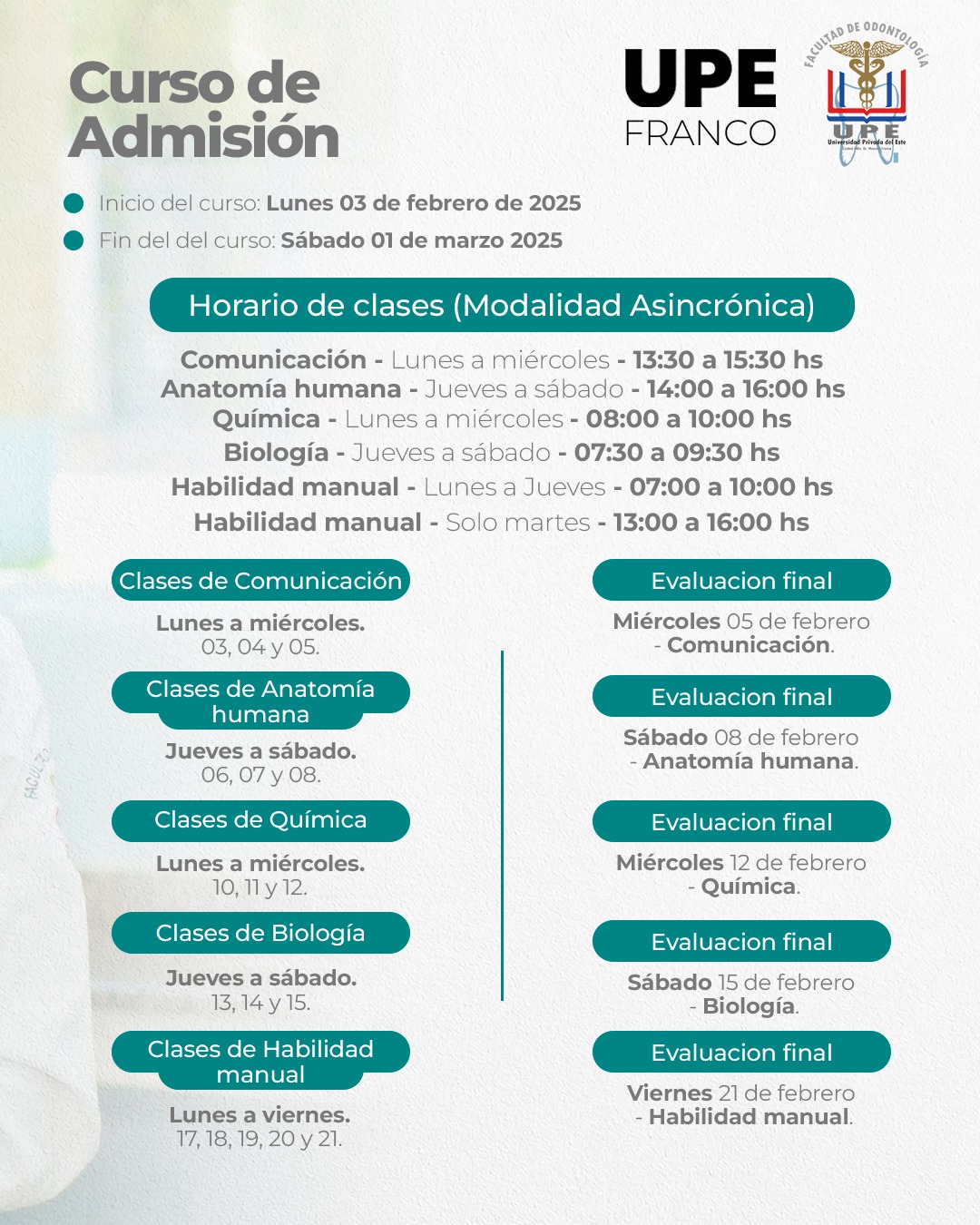 Curso de Admisión UPE Franco 2025: Facultad de Odontología