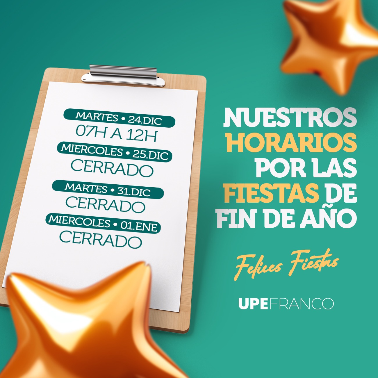  Horarios de atención de la UPE durante las fiestas de Fin de Año