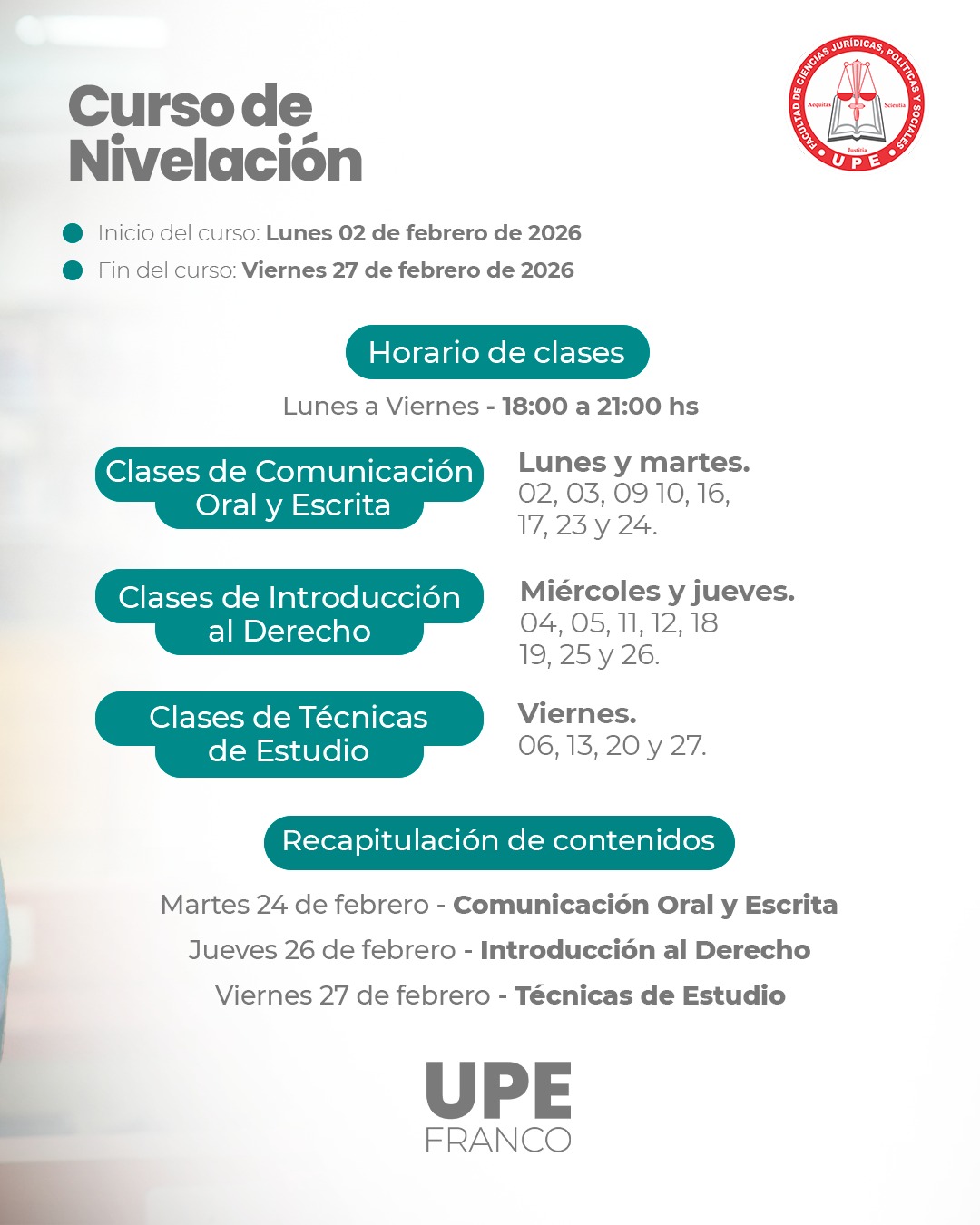 CURSO DE NIVELACIÓN: Carrera de Derecho - Inscripciones abiertas
