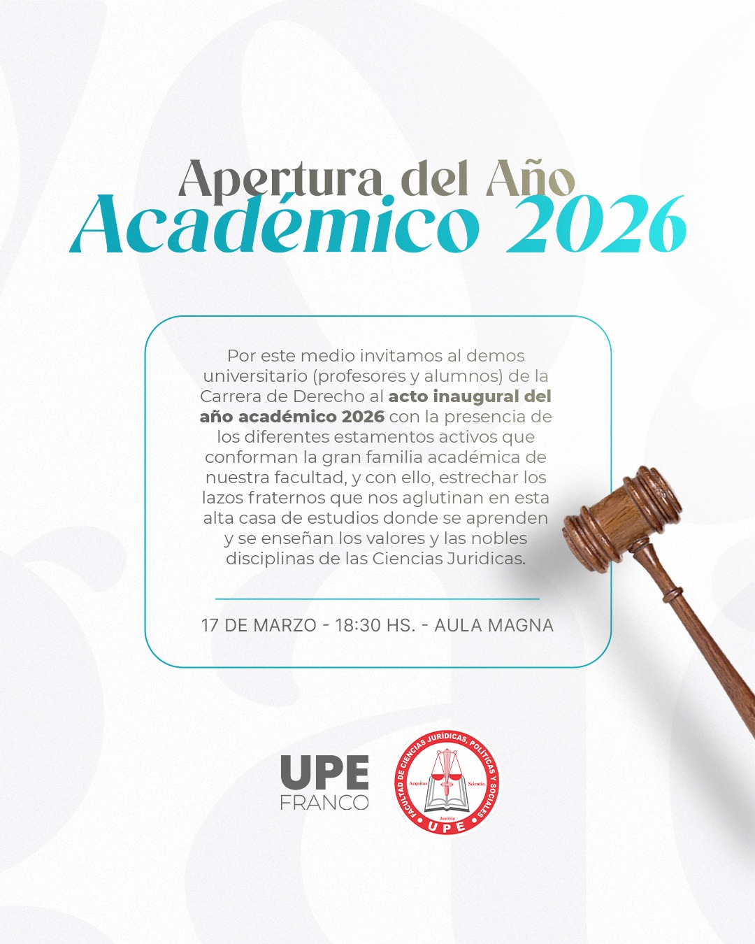 Acto de Apertura del Año Académico 2026: Facultad de Ciencias Jurídicas, Políticas y Sociales