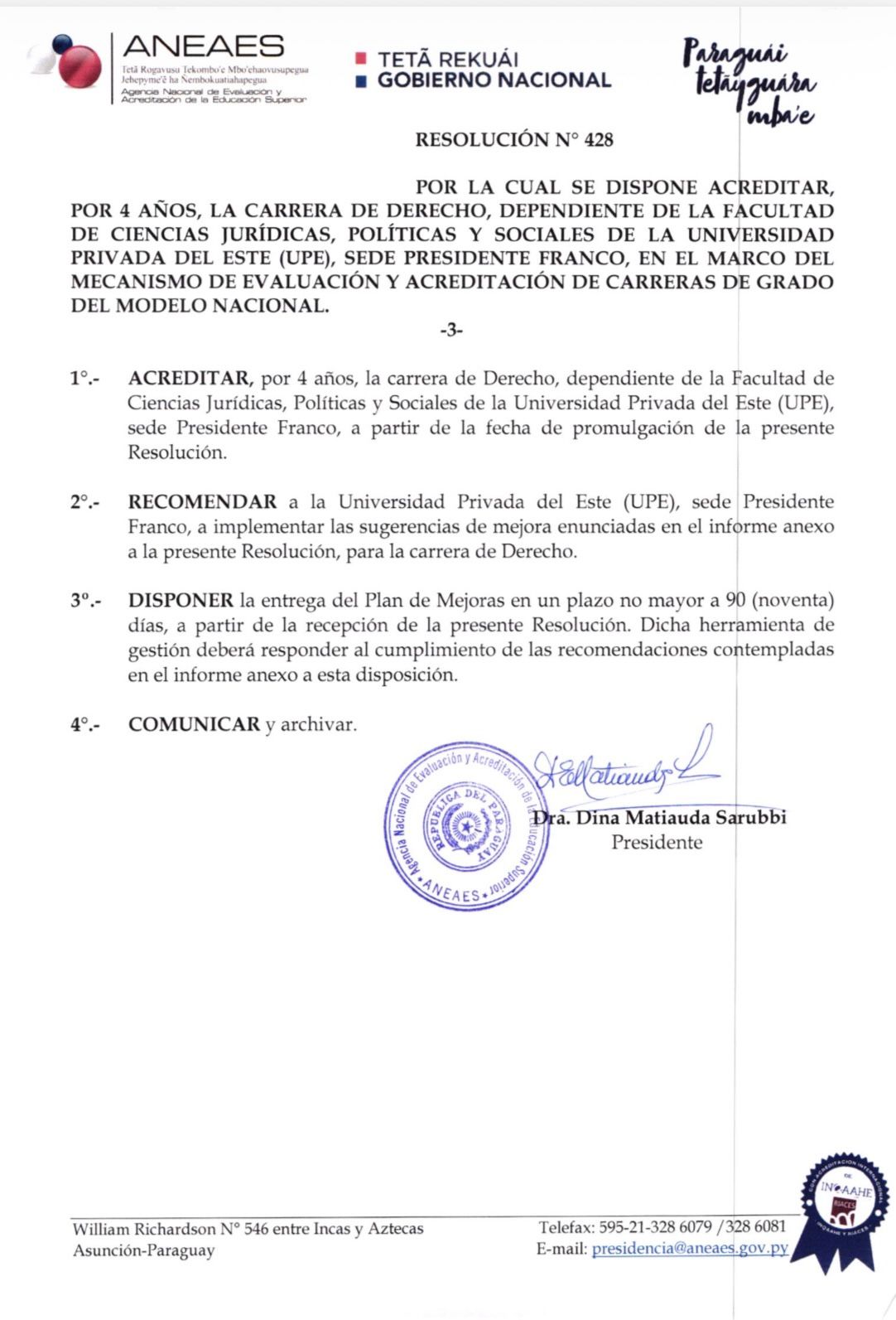 La Carrera de Derecho de la UPE FRANCO acreditada por la ANEAES por segundo periodo consecutivo