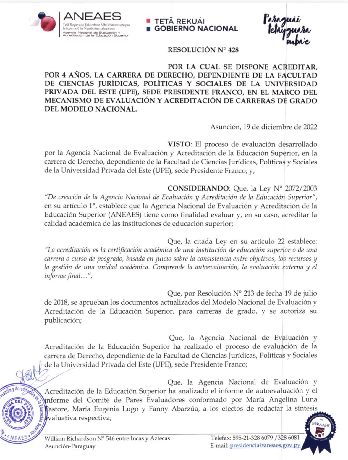 La Carrera de Derecho de la UPE FRANCO acreditada por la ANEAES por segundo periodo consecutivo