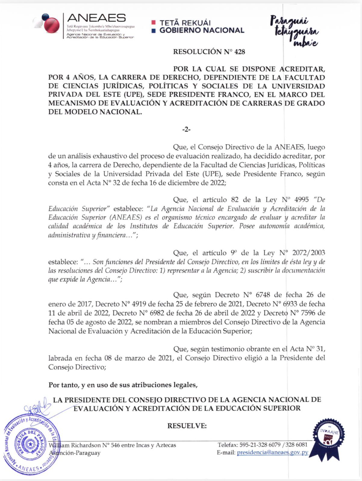 La Carrera de Derecho de la UPE FRANCO acreditada por la ANEAES por segundo periodo consecutivo