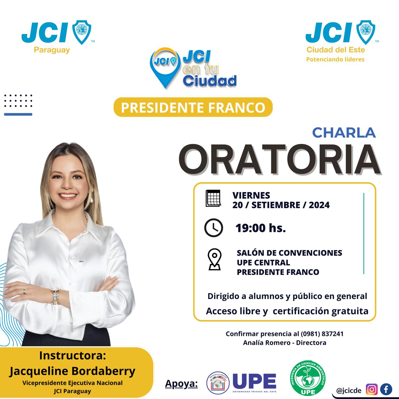 Charla de Oratoria: Organiza JCI con apoyo de la UPE Franco