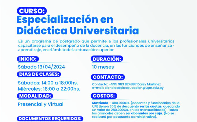 Curso de Especialización Didáctica Universitaria UPE 2024